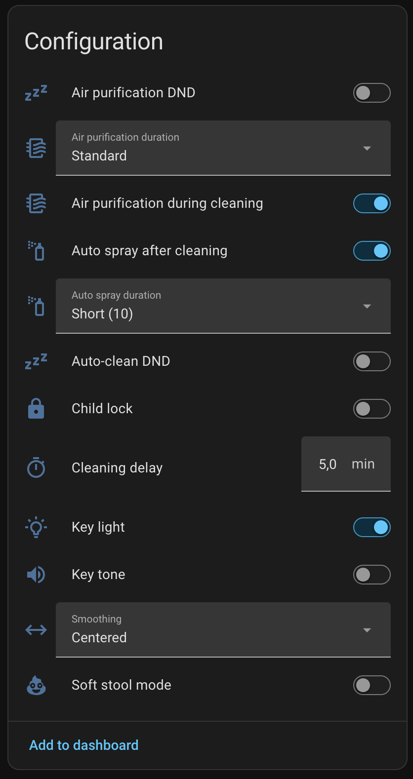 The Configuration card in Home Assistant, with the new Smoothing select set to Centered, alongside child lock, key light, key tone, cleaning delay, and spray settings