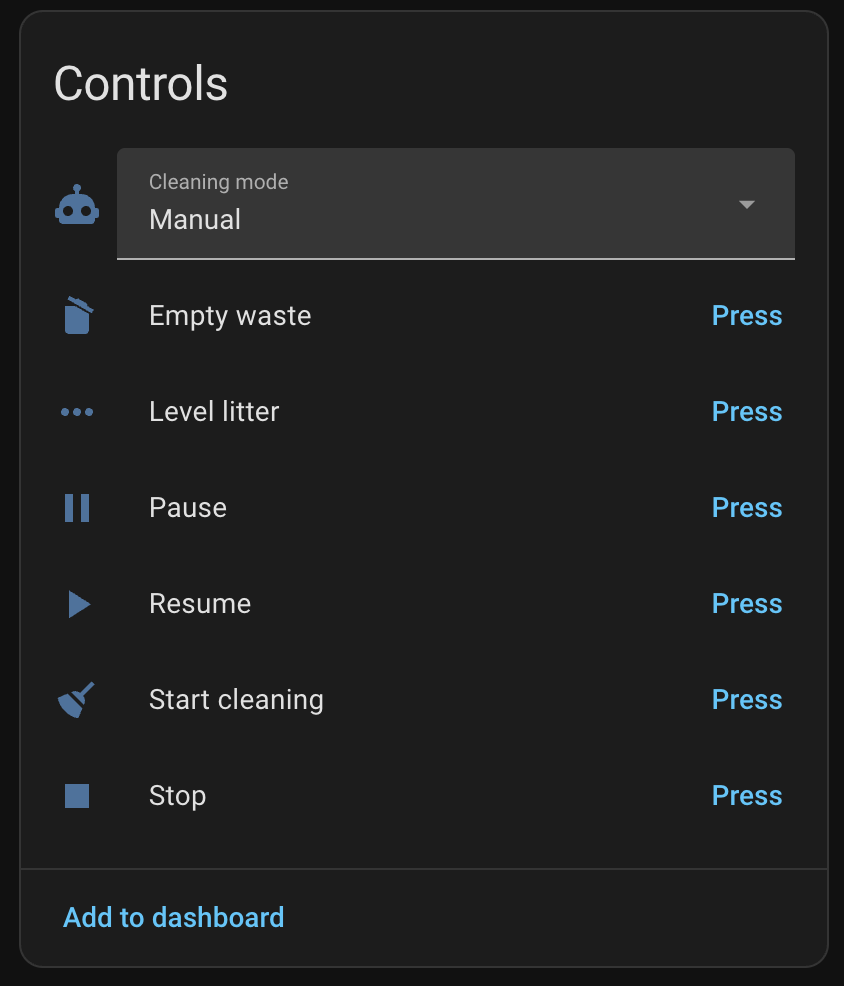 The Controls card in Home Assistant — cleaning mode plus Empty waste, Level litter, Pause, Resume, Start cleaning, and Stop buttons