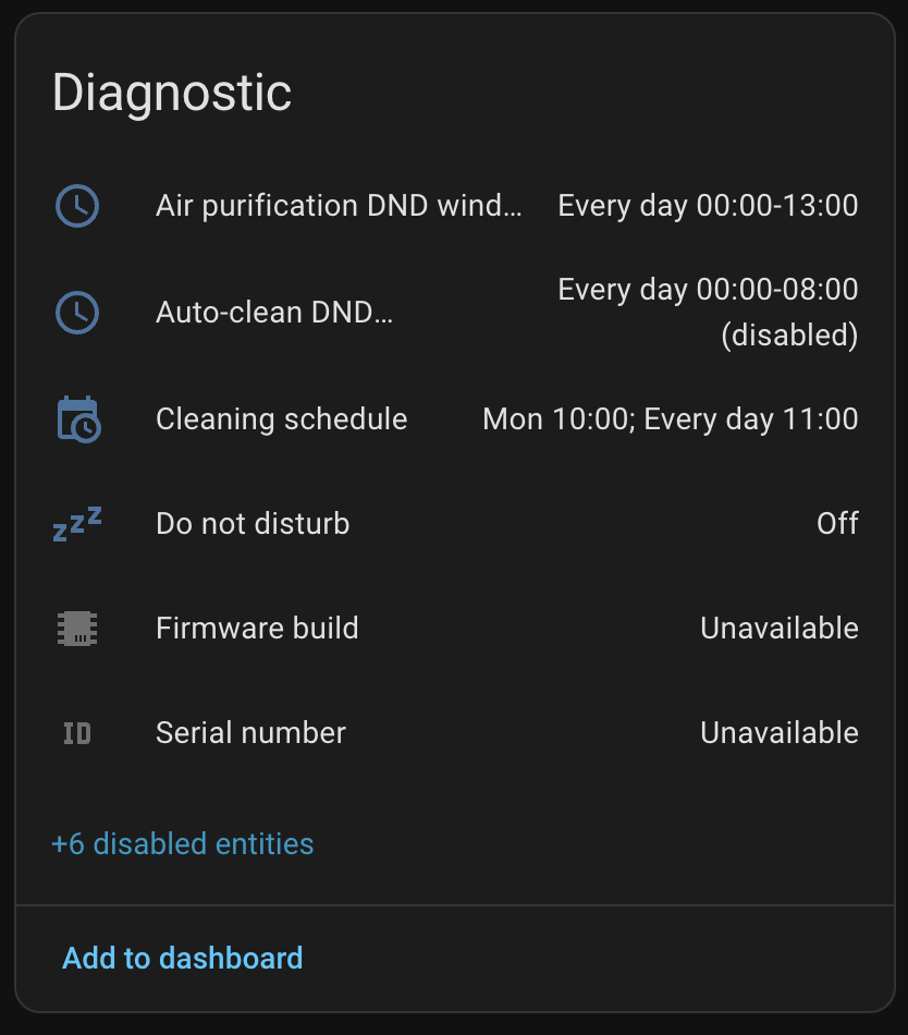 The Diagnostic card in Home Assistant — DND windows, cleaning schedule, firmware build, serial number, and disabled raw-property sensors