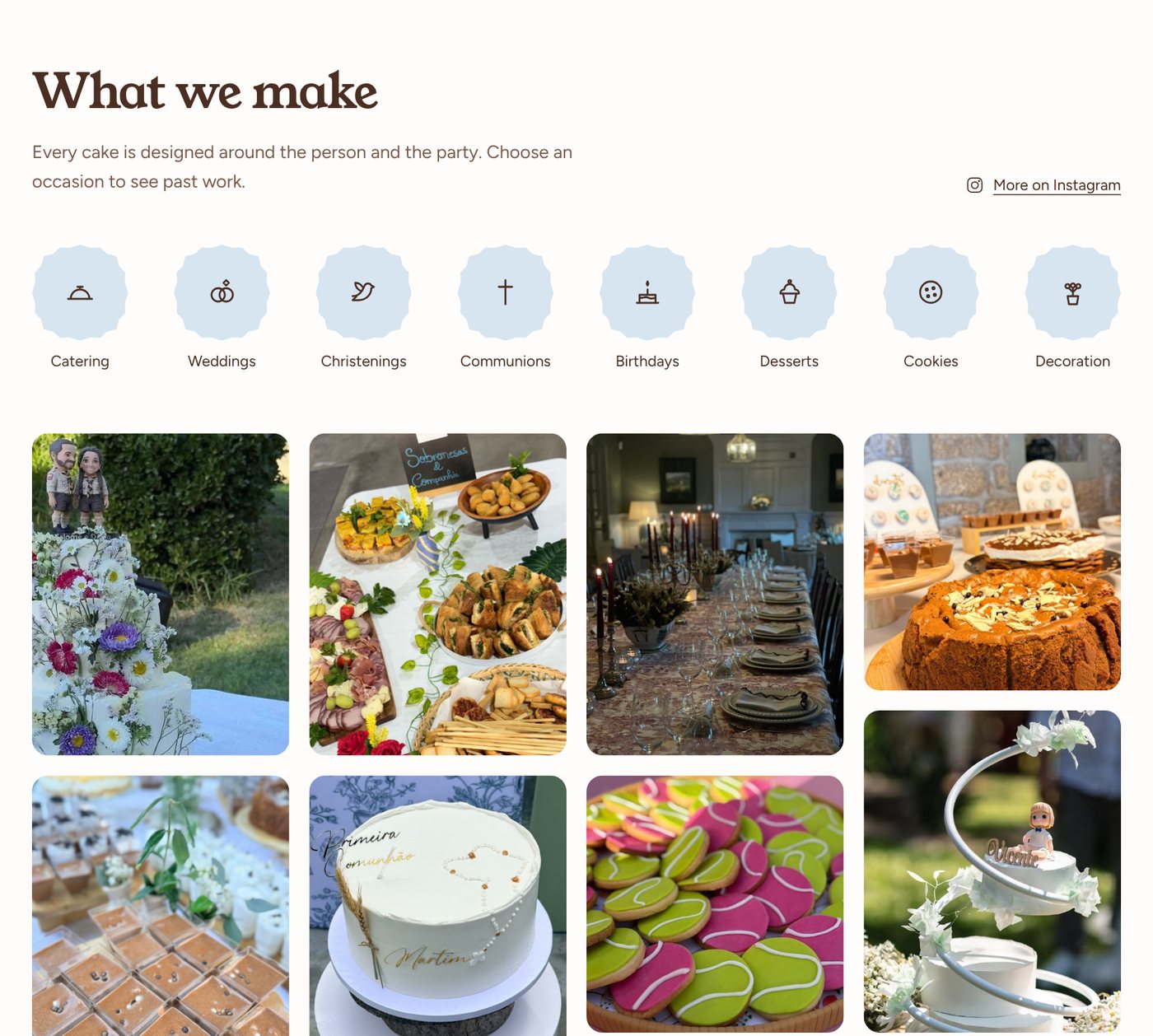 The Creations section, with occasion badges above a photo grid