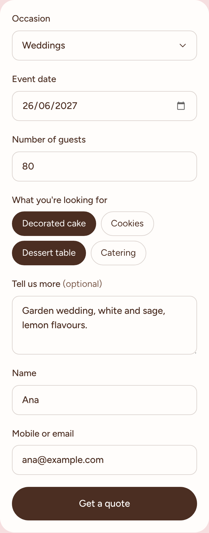 The quote form: occasion, date, guests, product chips, name and contact